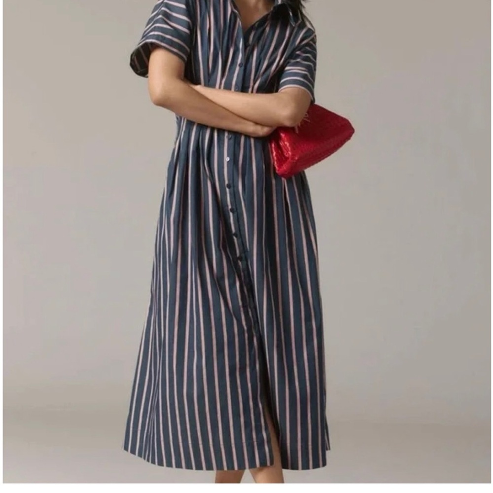 Anthropologie The Tobie Button-Front Pleated Shirt Dress by Exquise Navy Blue XS